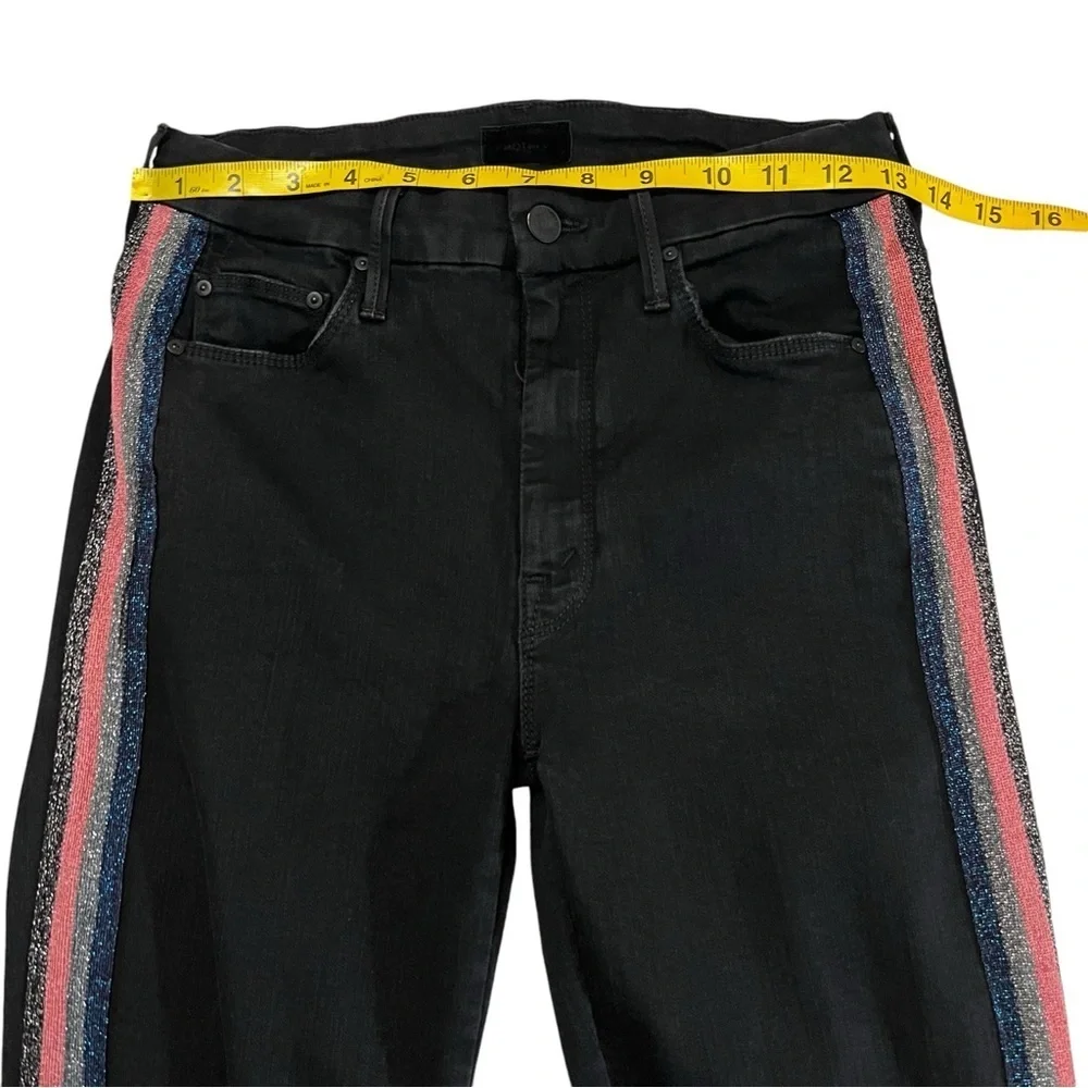 Mother High Waisted Looker Ankle Fray Black Guilty Glitter Racer Stripe Jeans 26